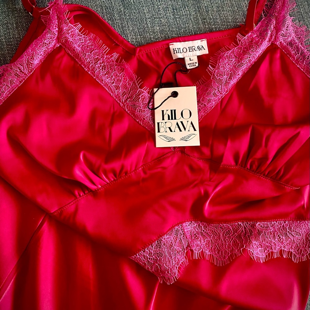 🆕-KILO BRAVA - VALENTINE SEXY SATIN & LACE MIDI SLIP - LIPSTICK RED/HOT PINK - Picture 6 of 9